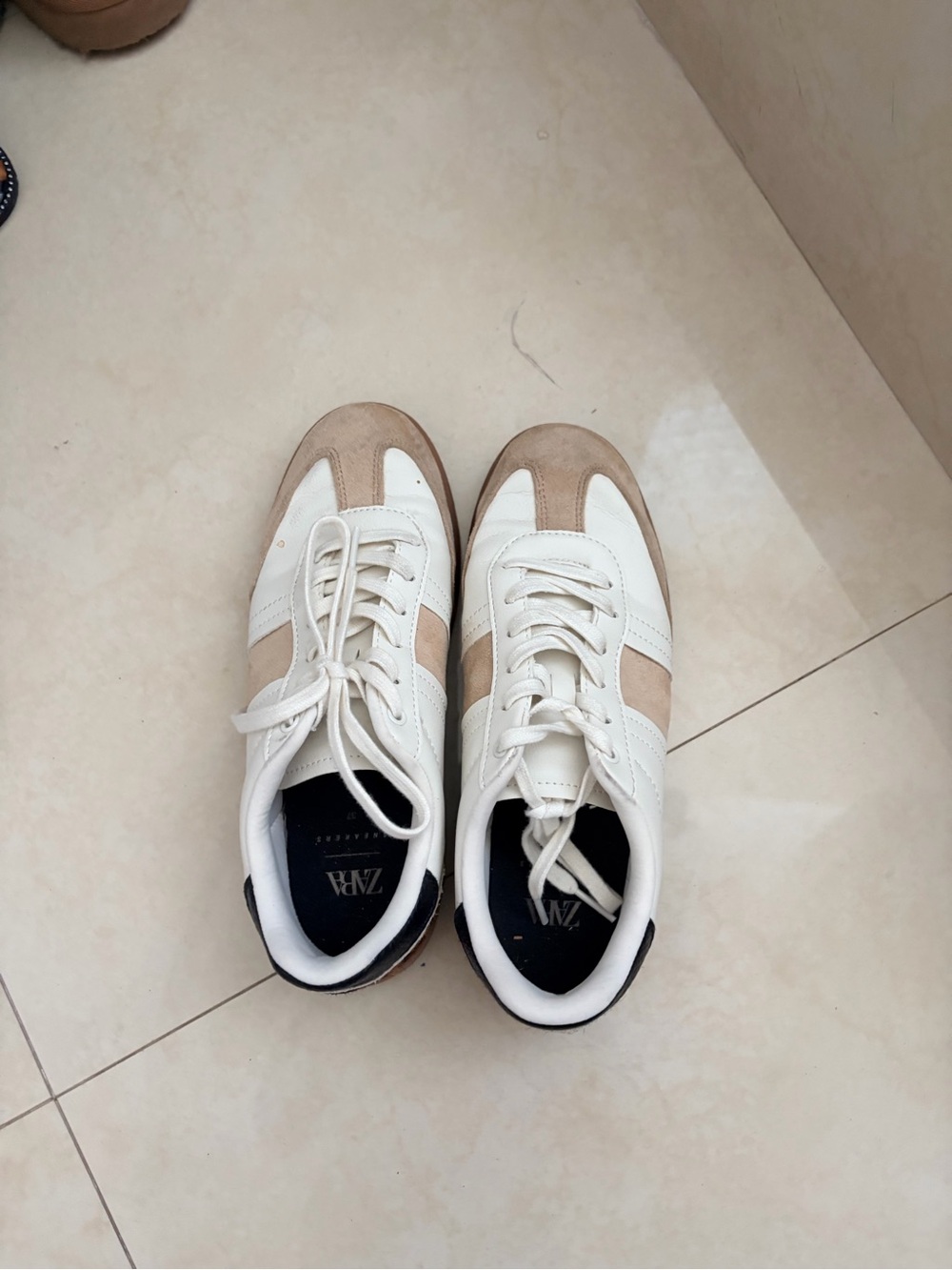 Zara womans White and Beige Suede-Trim Sneakers with animal print